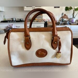 Dooney & Bourke Cream Pebbled Leather Satchel with Brown Trim
